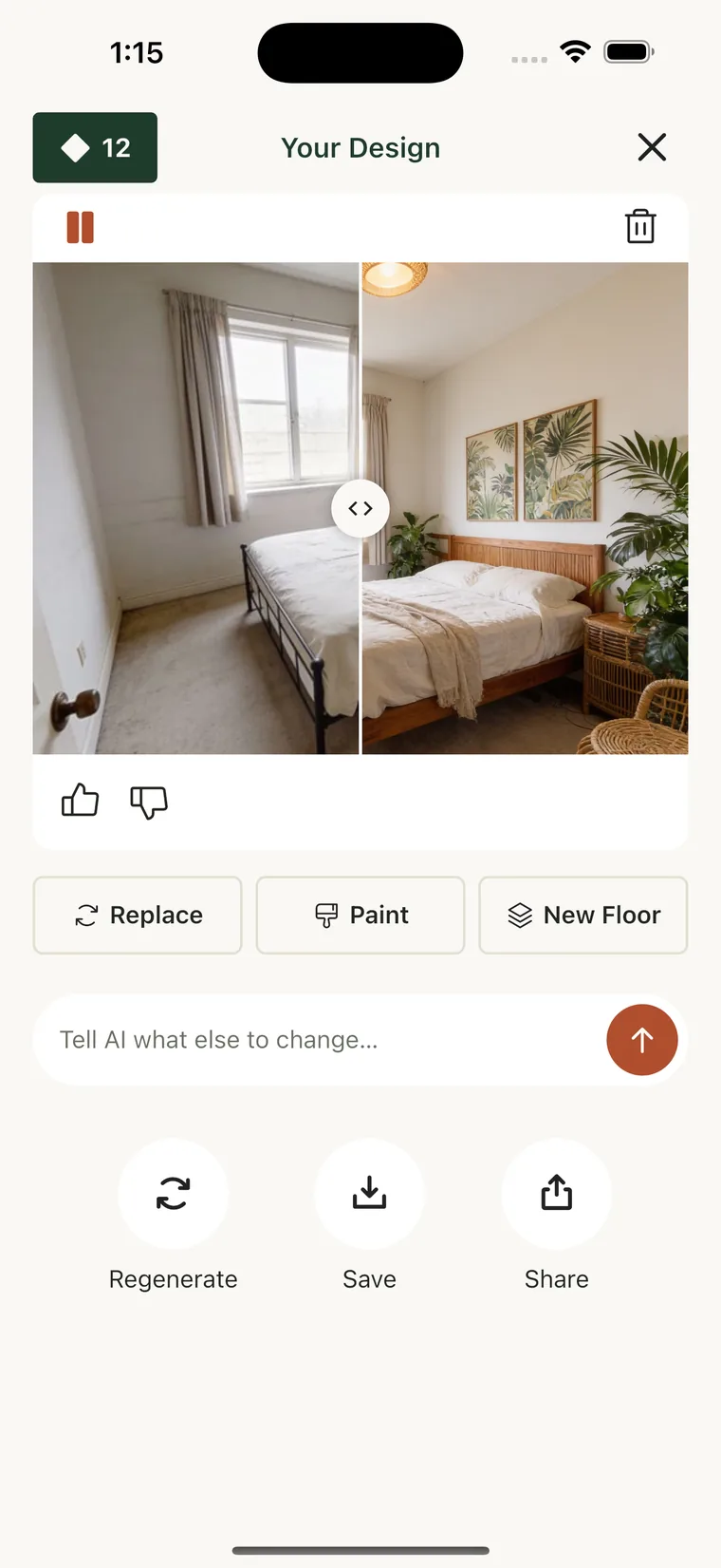 Roomture before-and-after slider showing a living room redesigned from the user's own photo